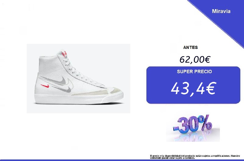 «¿Buscando estilo y descuento? Consigue los Nike Blazer Mid 77 GS BL Multilogo por solo 43,4€ en Miravia. ¡Descarga ahora la app y aprovecha el 30% de descuento para nuevos usuarios! 👉»